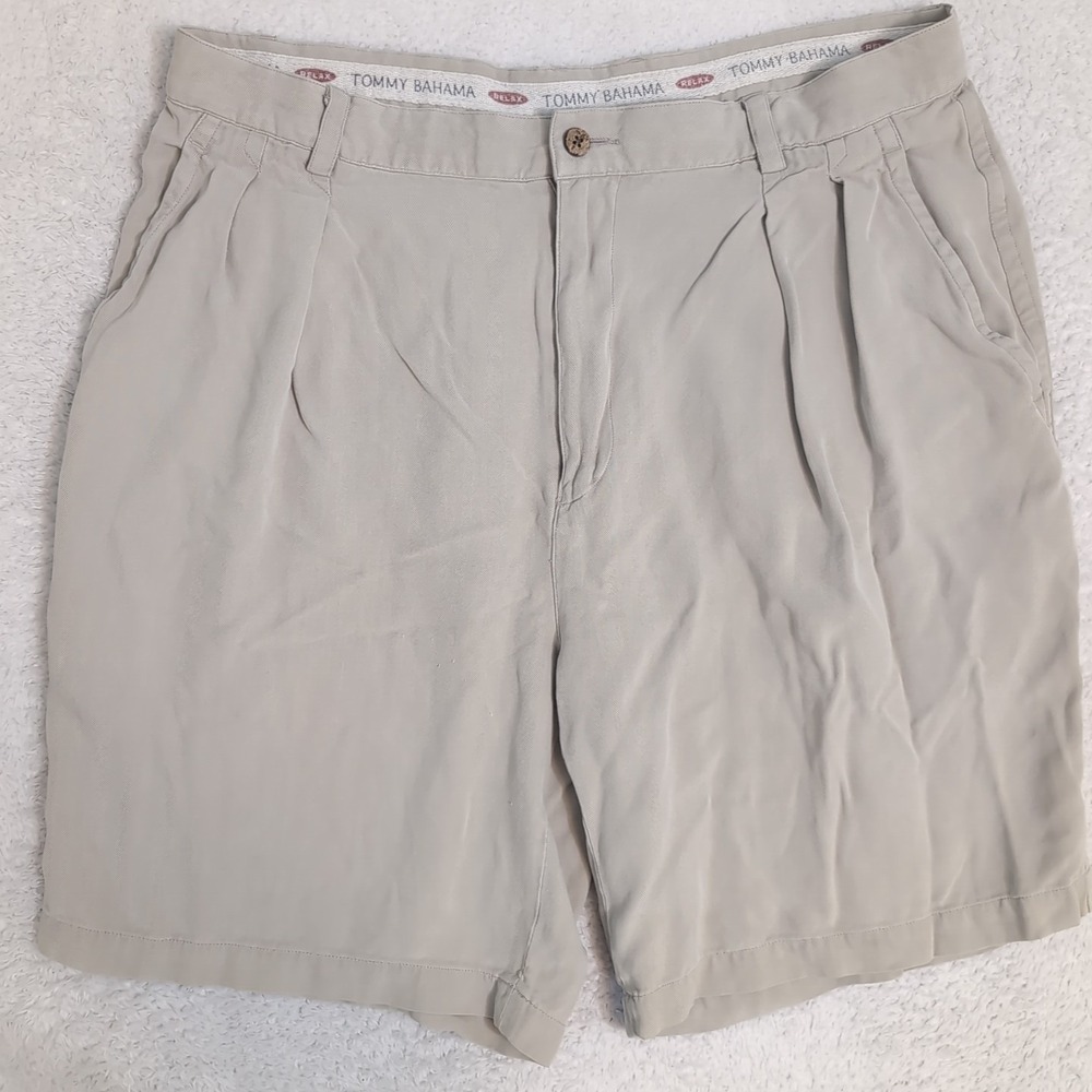 Vintage Tommy Bahama Relax Mens 36x8" Khaki Pleated 100% Silk Shorts Harringbone